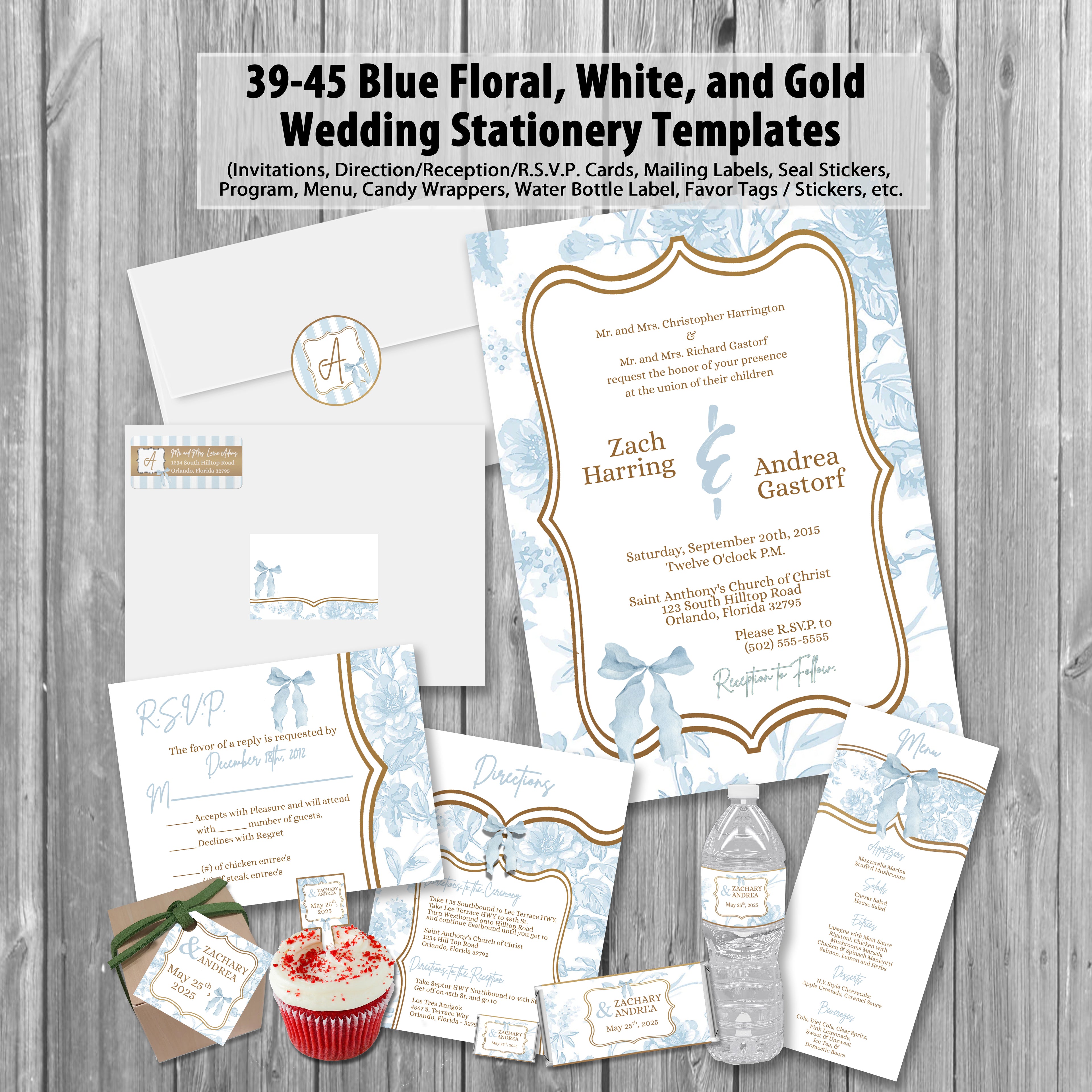 39-45 Wedding Stationary Set - Blue, White, and Gold Floral Flower Stripe Pattern