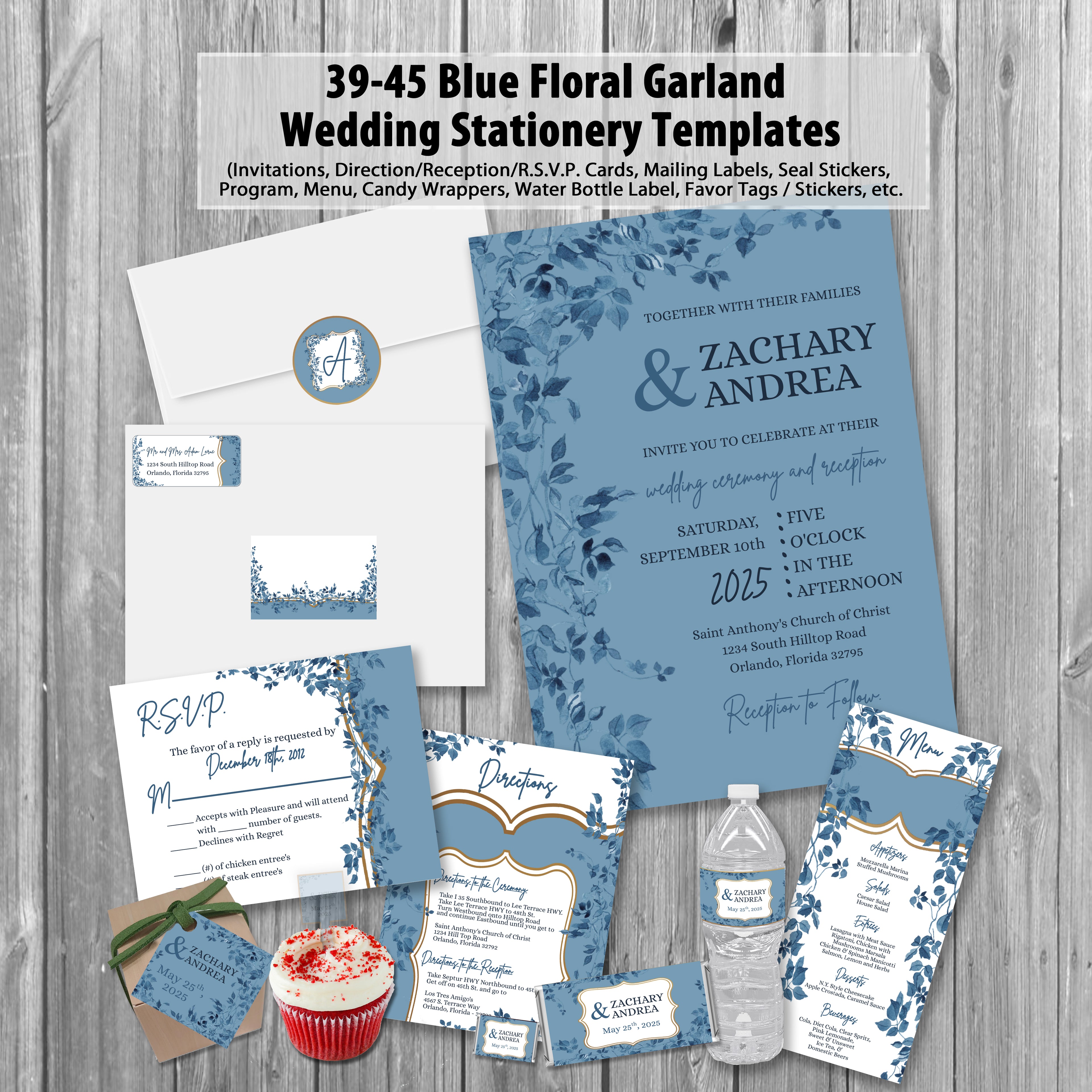 39-45 Wedding Stationary Set - Blue Floral Garland Leaves