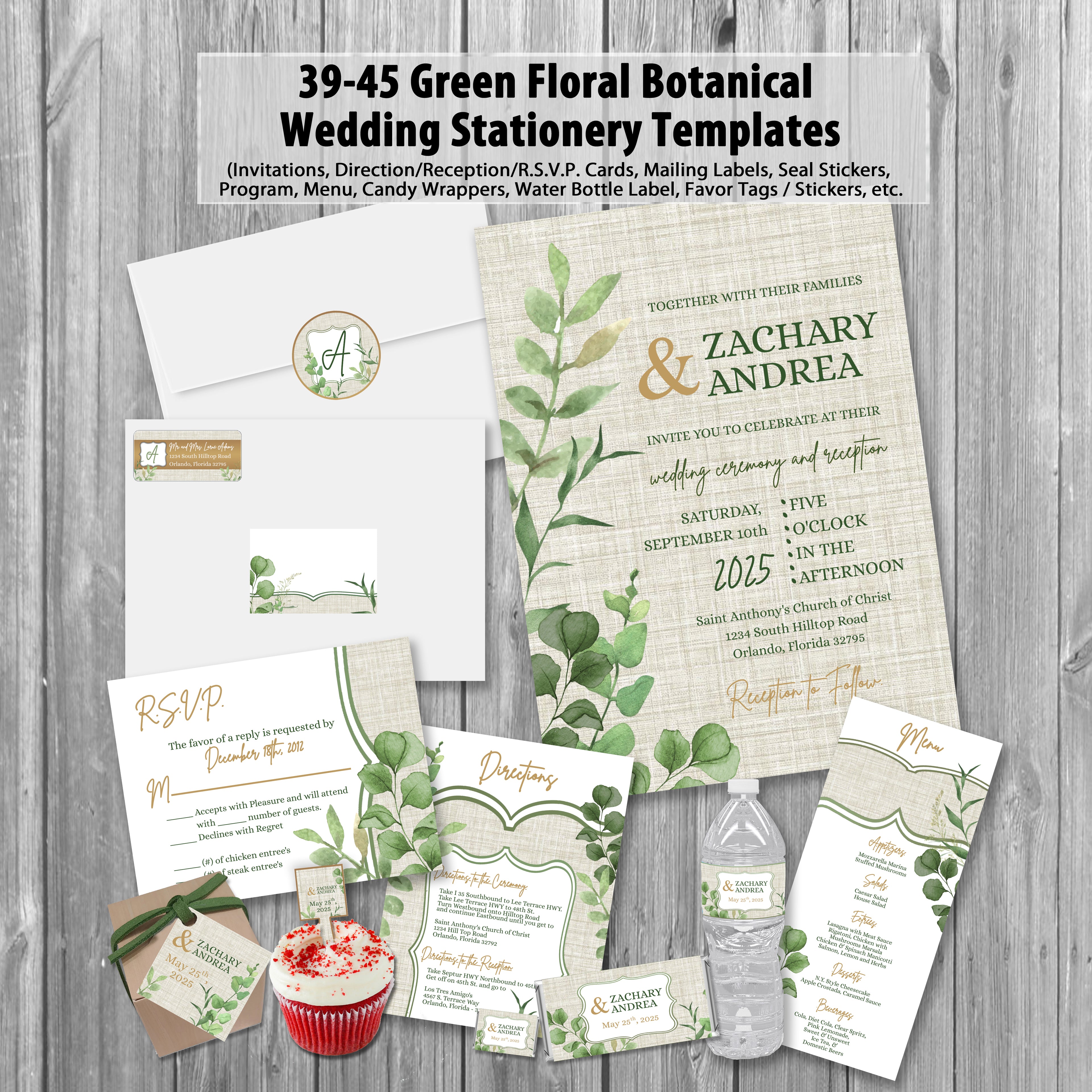 39-45 Wedding Stationary Set - Green and Gray Botanical Floral Plant Leaves