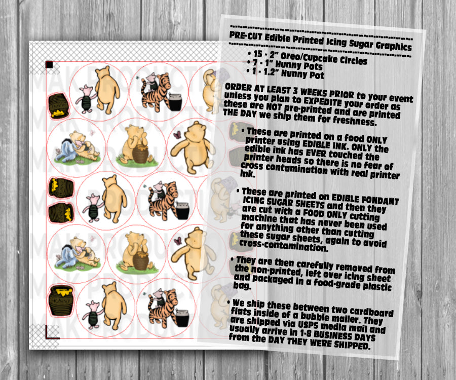 PRE-CUT Edible Printed Icing Sugar Fondant Classic Winnie the Pooh Graphics for Decorating Cakes, Cup Cakes, and Chocolate Dipped Treats