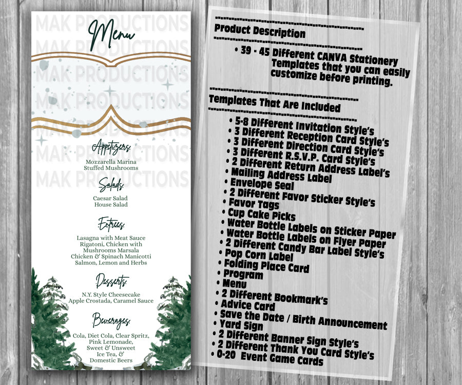 39-45 Wedding Stationary Set - Green and White Winter Trees
