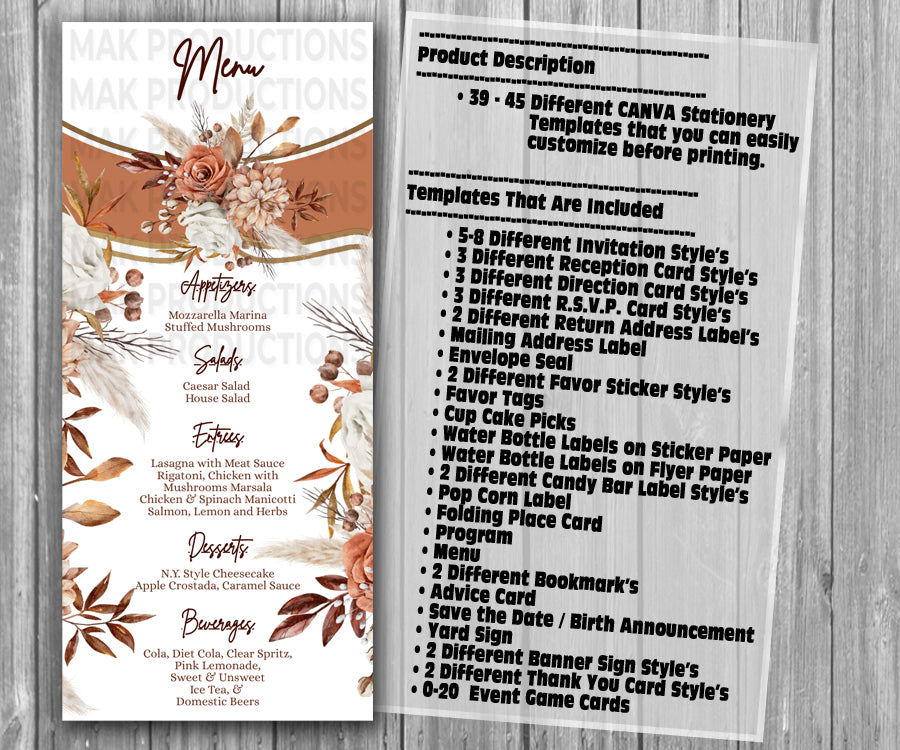 39-45 Wedding Stationary Set - Brown Bohemian Rust Floral