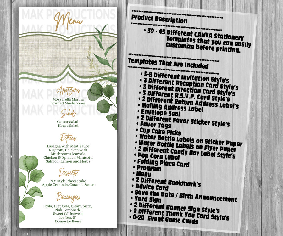 39-45 Wedding Stationary Set - Green and Gray Botanical Floral Plant Leaves