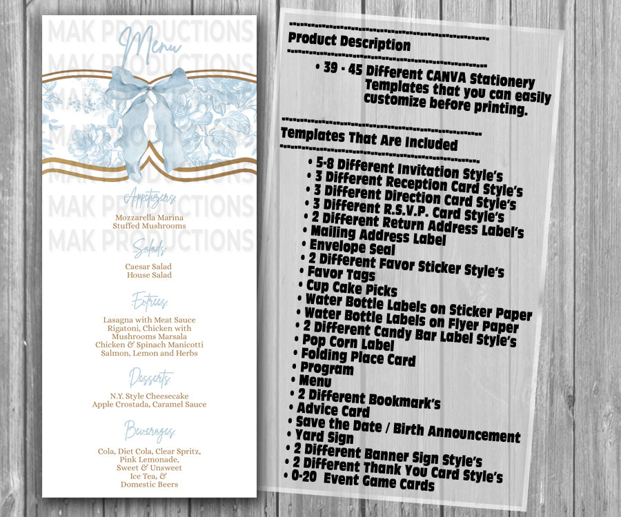 39-45 Wedding Stationary Set - Blue, White, and Gold Floral Flower Stripe Pattern