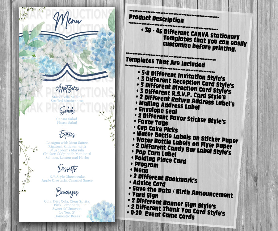39-45 Wedding Stationary Set - Blue and White Hydrangea