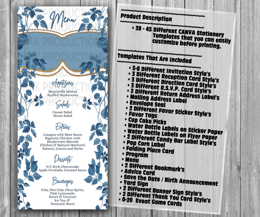 39-45 Wedding Stationary Set - Blue Floral Garland Leaves