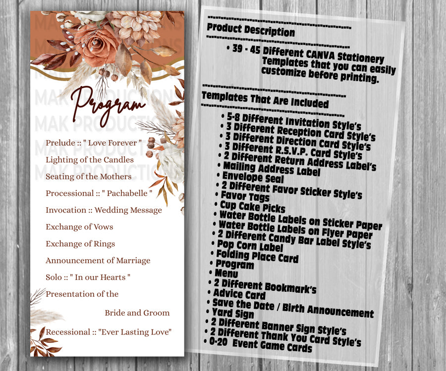 39-45 Wedding Stationary Set - Brown Bohemian Rust Floral