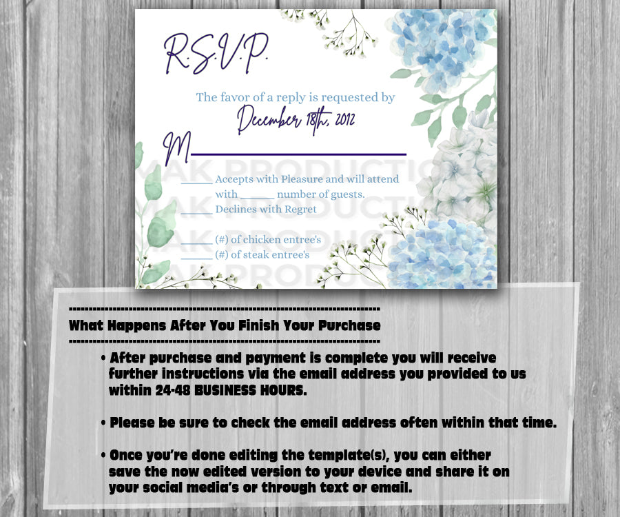 39-45 Wedding Stationary Set - Blue and White Hydrangea