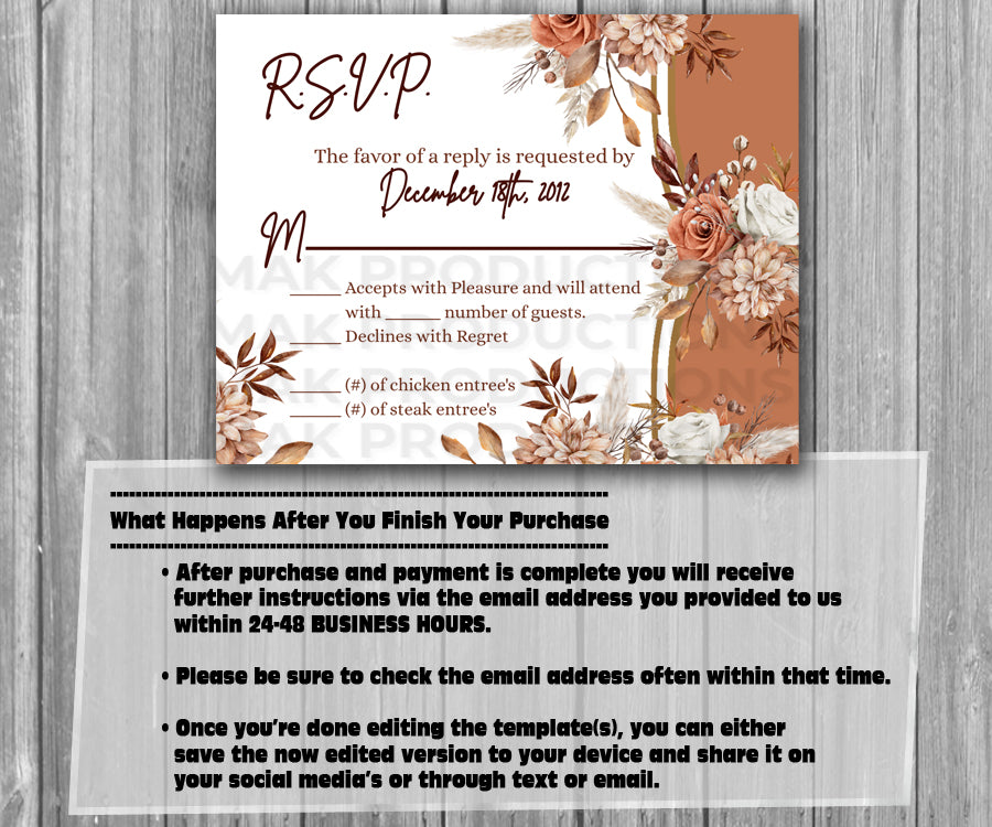 39-45 Wedding Stationary Set - Brown Bohemian Rust Floral