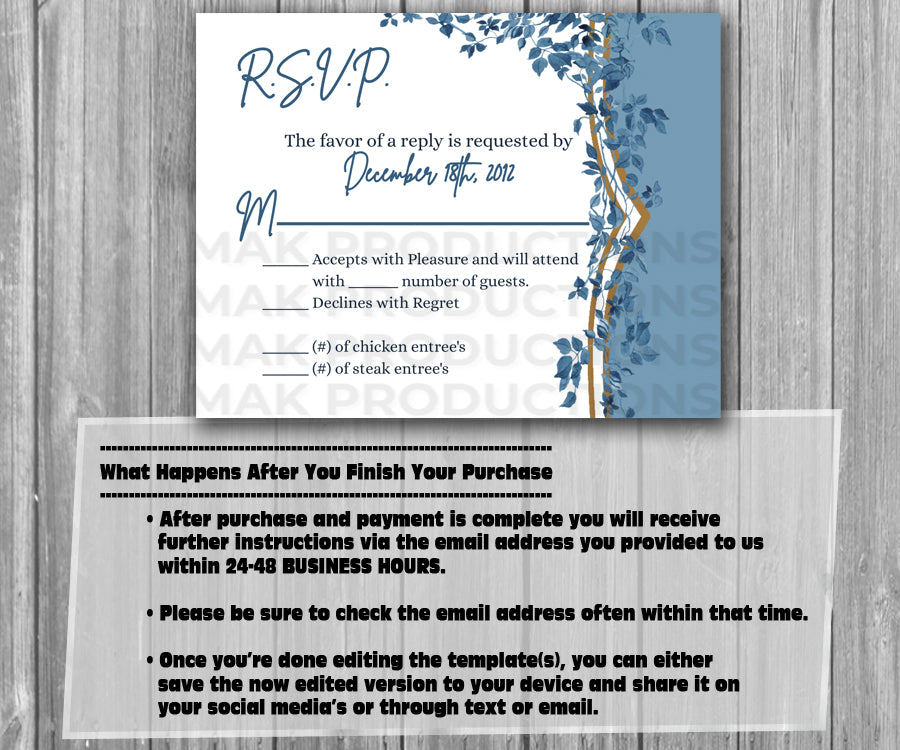 39-45 Wedding Stationary Set - Blue Floral Garland Leaves