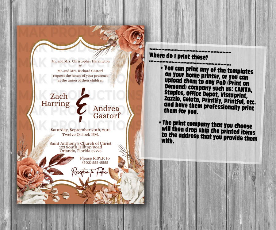 39-45 Wedding Stationary Set - Brown Bohemian Rust Floral