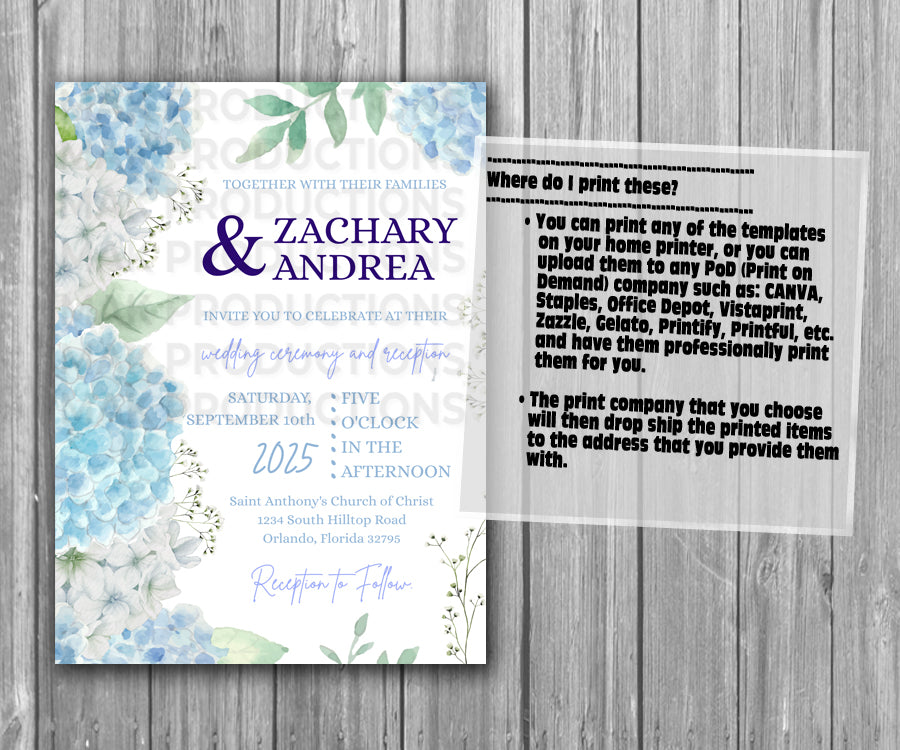 39-45 Wedding Stationary Set - Blue and White Hydrangea