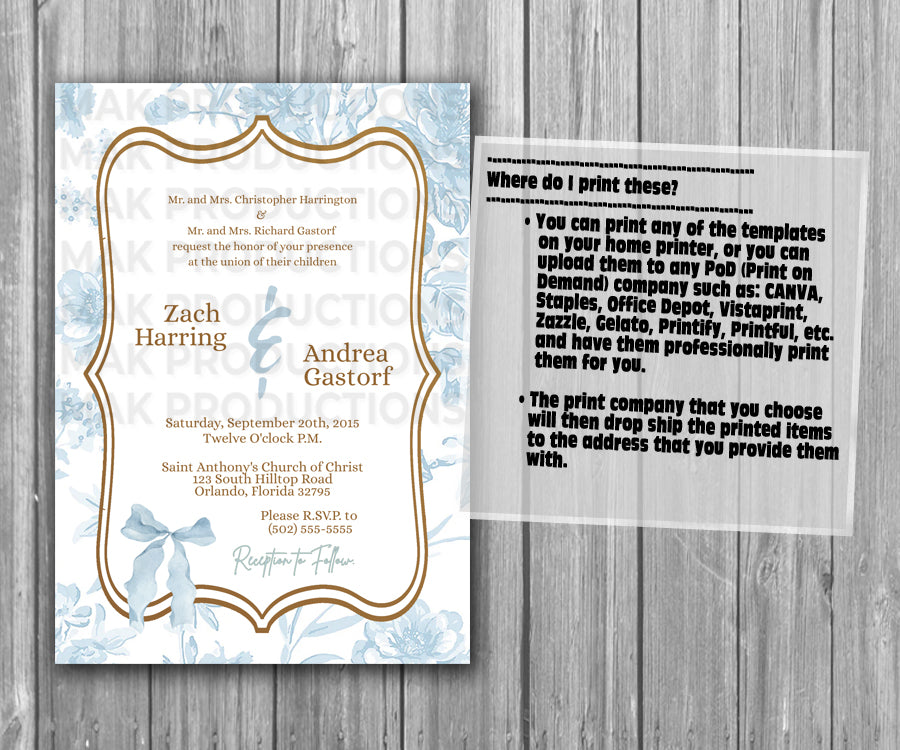 39-45 Wedding Stationary Set - Blue, White, and Gold Floral Flower Stripe Pattern