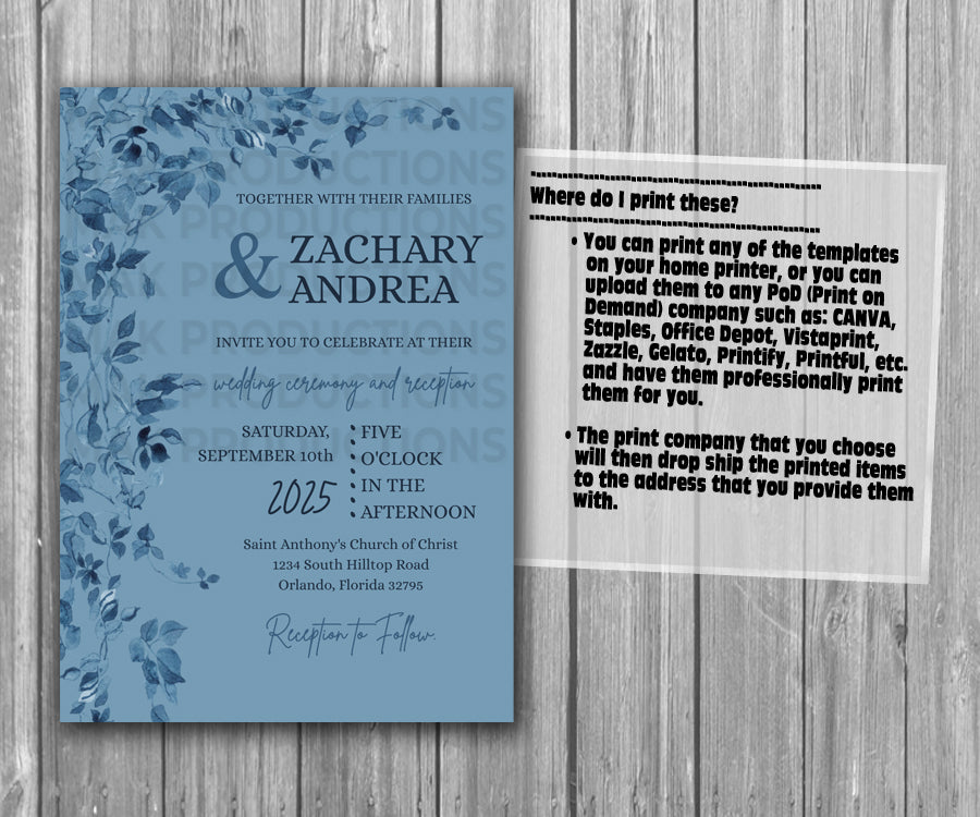 39-45 Wedding Stationary Set - Blue Floral Garland Leaves