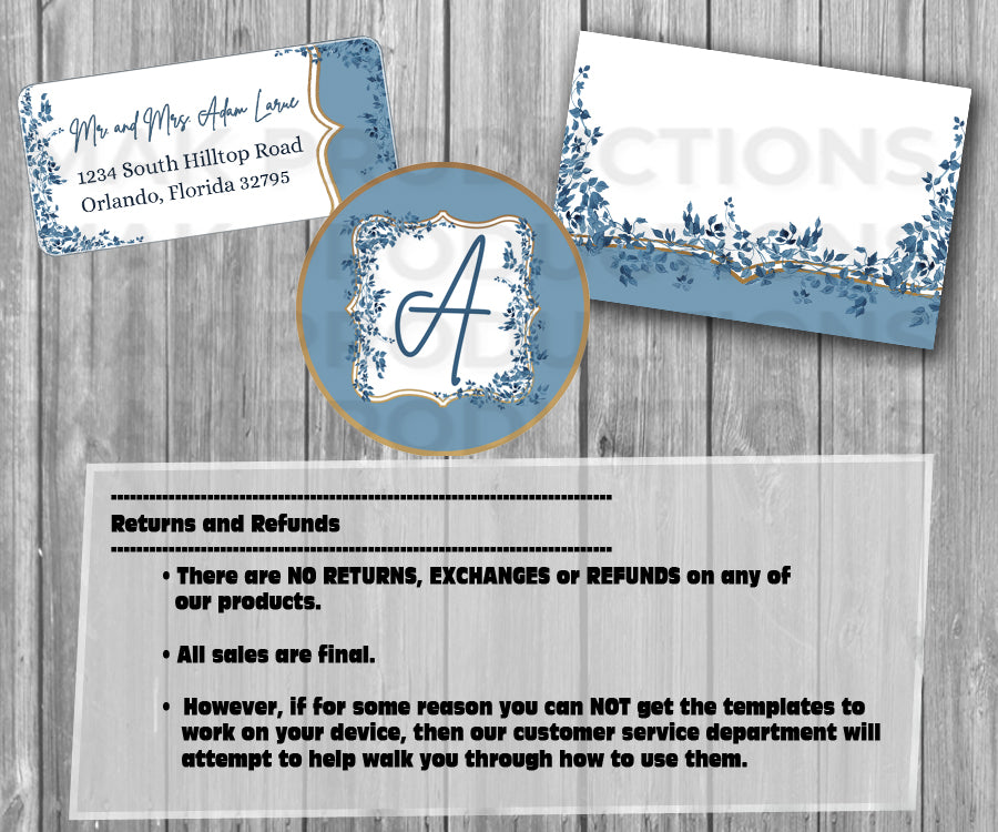 39-45 Wedding Stationary Set - Blue Floral Garland Leaves