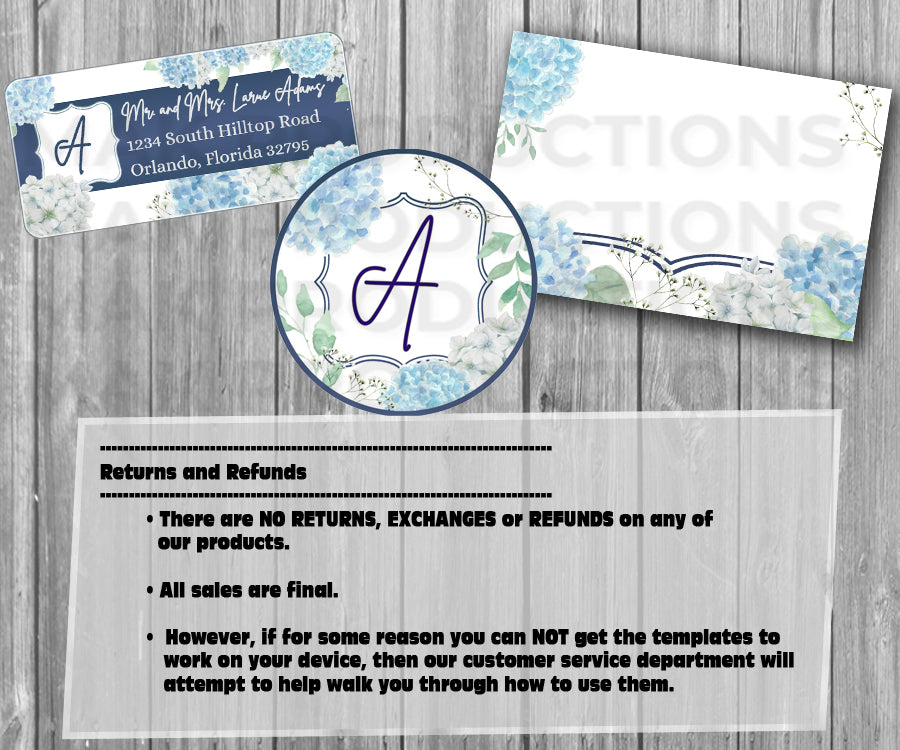 39-45 Wedding Stationary Set - Blue and White Hydrangea