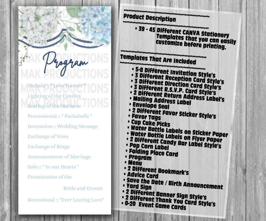 39-45 Wedding Stationary Set - Blue and White Hydrangea