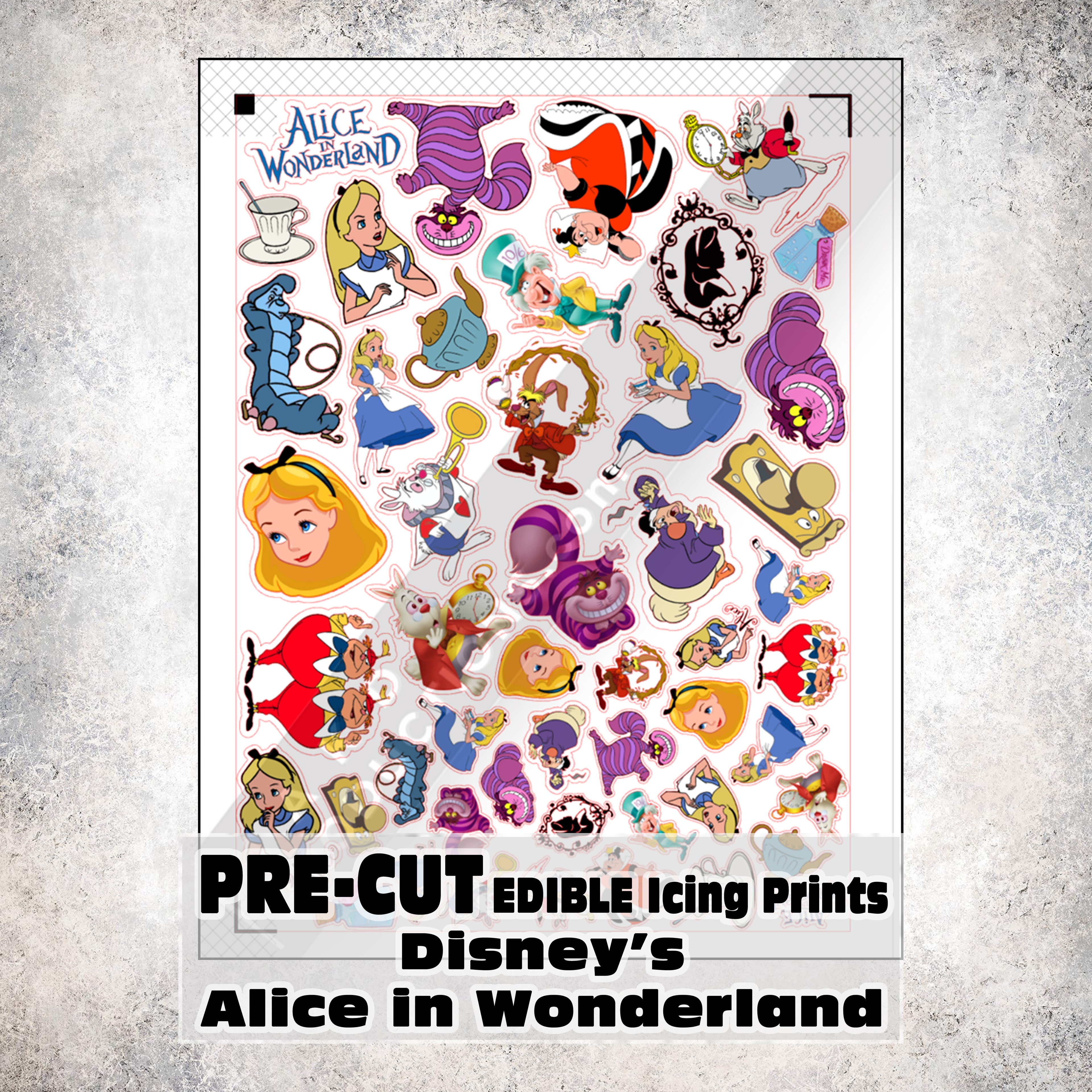 MAK D Productions Pre-Cut Edible Printed Alice in Wonderland 001 Icing Sugar Sheet Fondant Cake / Cup Cake Decoration Graphics