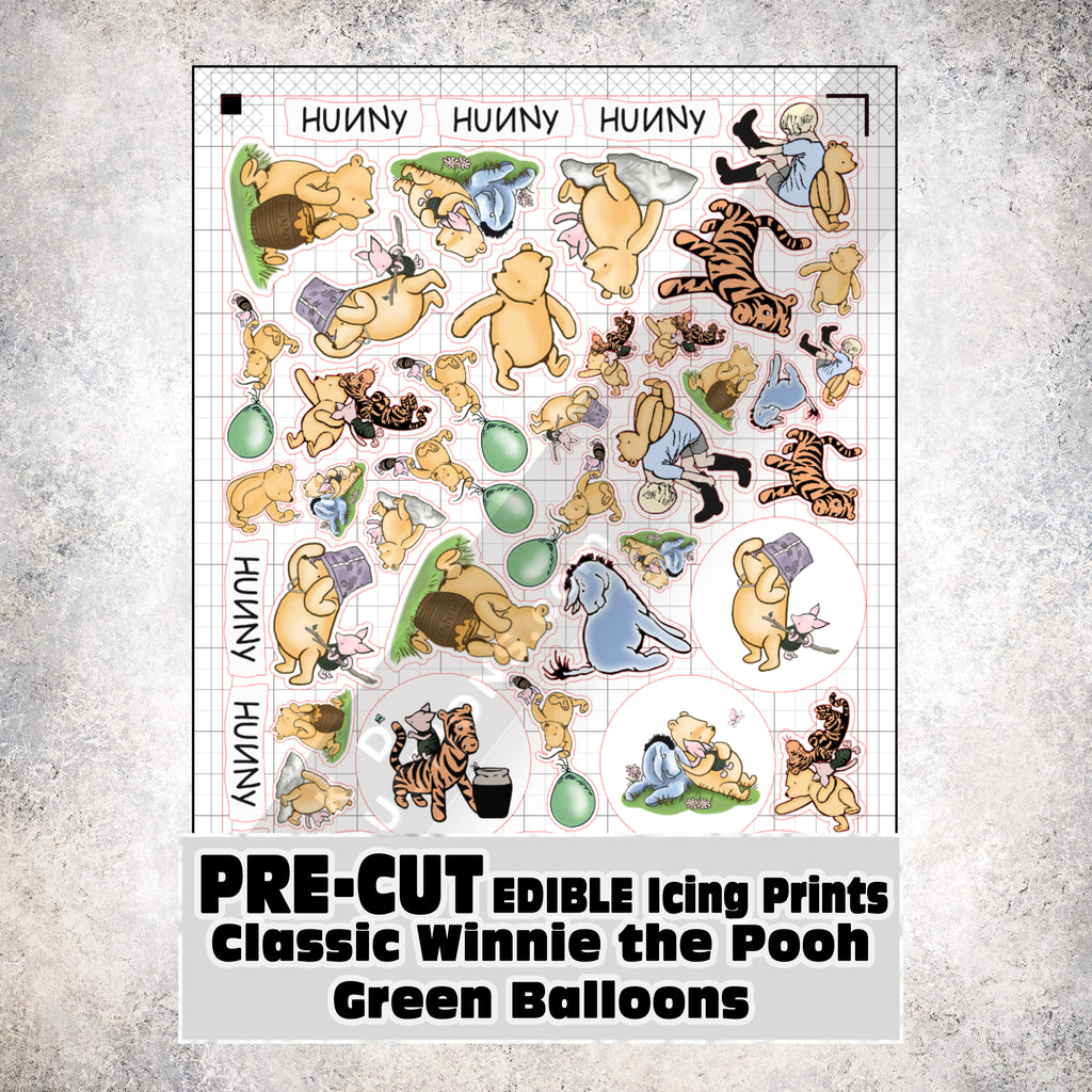 MAK D Productions Pre-Cut Edible Printed Classic Winnie the Pooh Green Balloons Icing Sugar Sheet Fondant Cake / Cup Cake Decoration Graphics