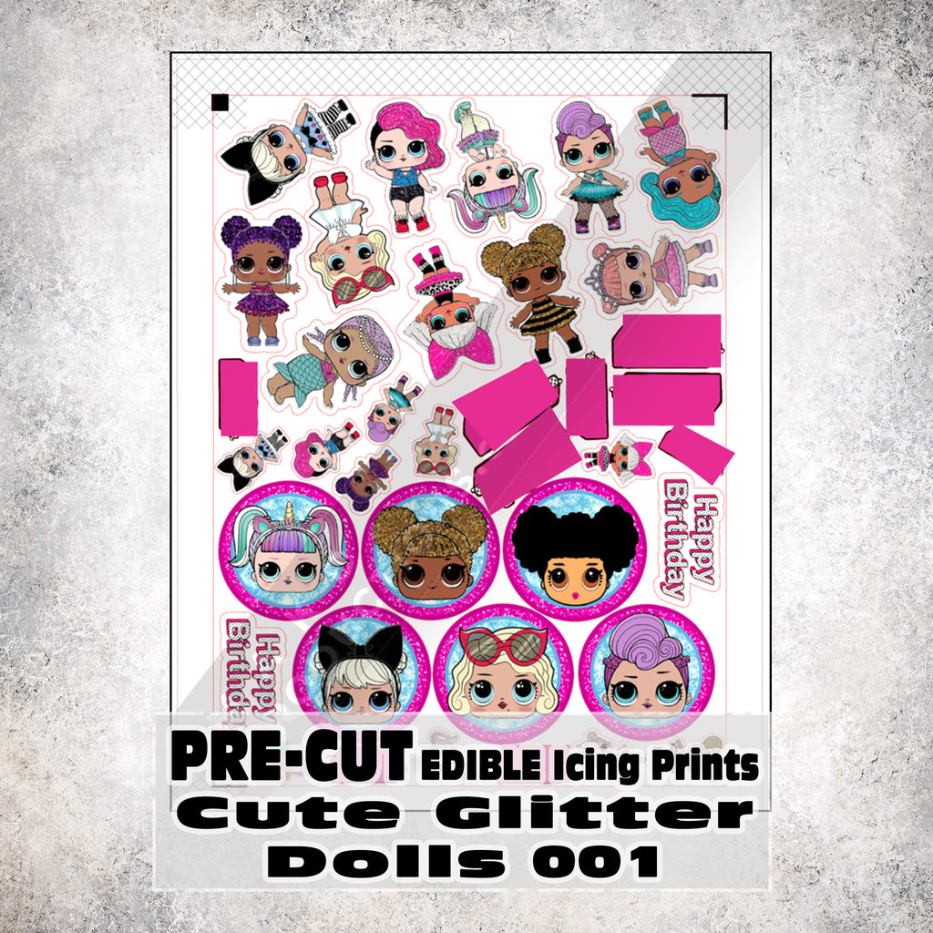 MAK D Productions Pre-Cut Edible Printed Cute Glitter Dolls 001 Icing Sugar Sheet Fondant Cake / Cup Cake Decoration Graphics