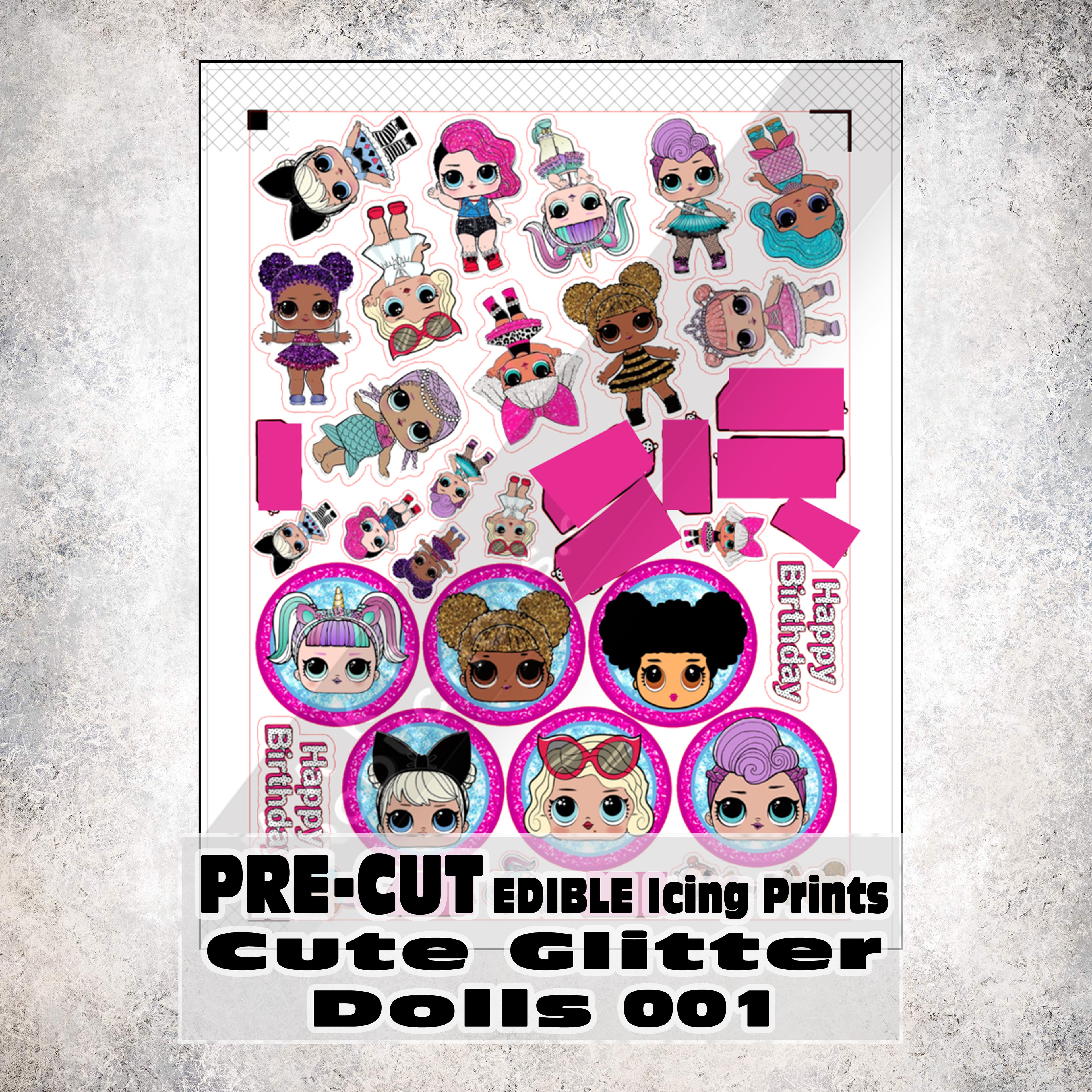 MAK D Productions Pre-Cut Edible Printed Cute Glitter Dolls 001 Icing Sugar Sheet Fondant Cake / Cup Cake Decoration Graphics