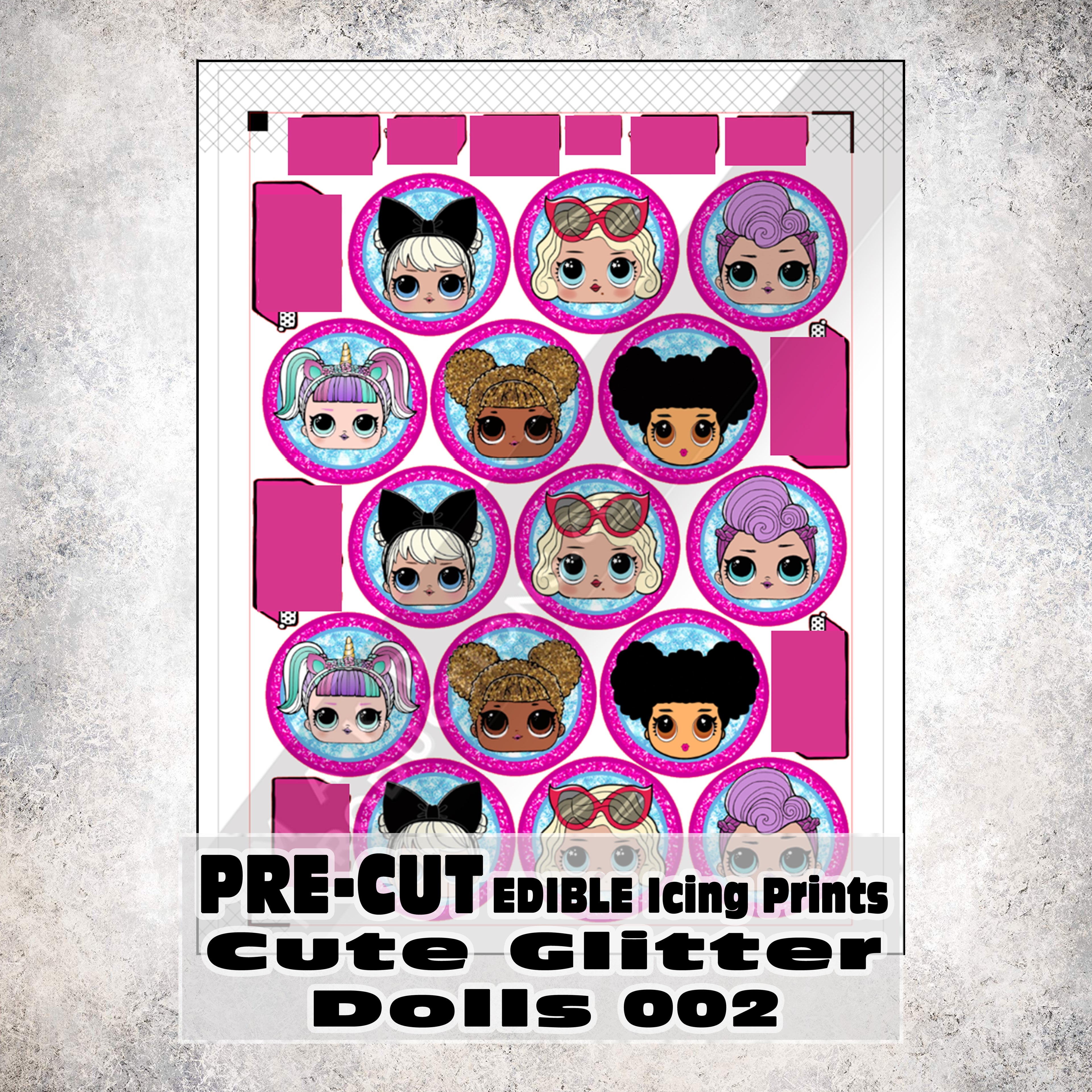 MAK D Productions Pre-Cut Edible Printed Cute Glitter Dolls 002 Icing Sugar Sheet Fondant Cake / Cup Cake Decoration Graphics