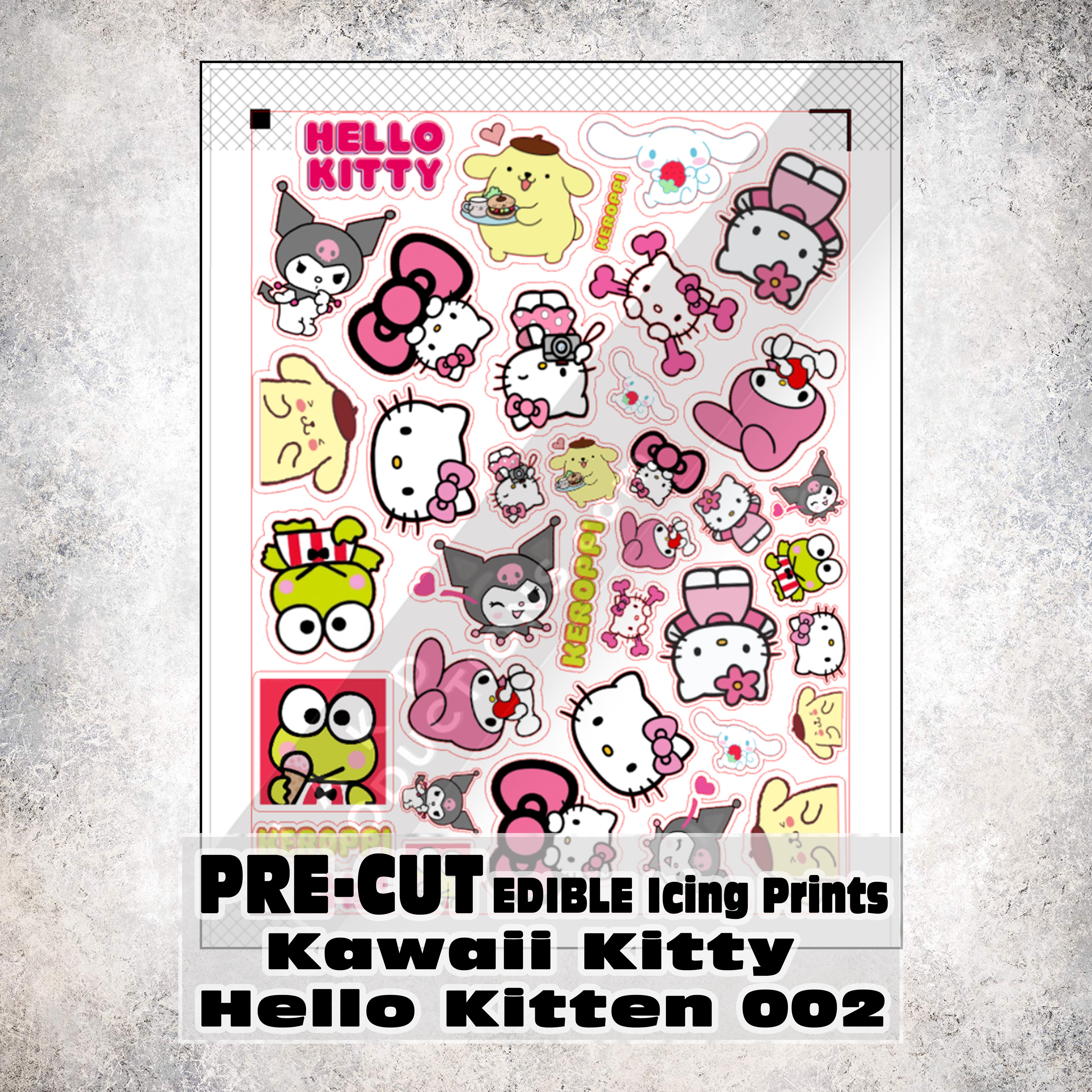 MAK D Productions Pre-Cut Edible Printed Kawaii Kitty Cat Hello Kitten 002 Icing Sugar Sheet Fondant Cake / Cup Cake Decoration Graphics