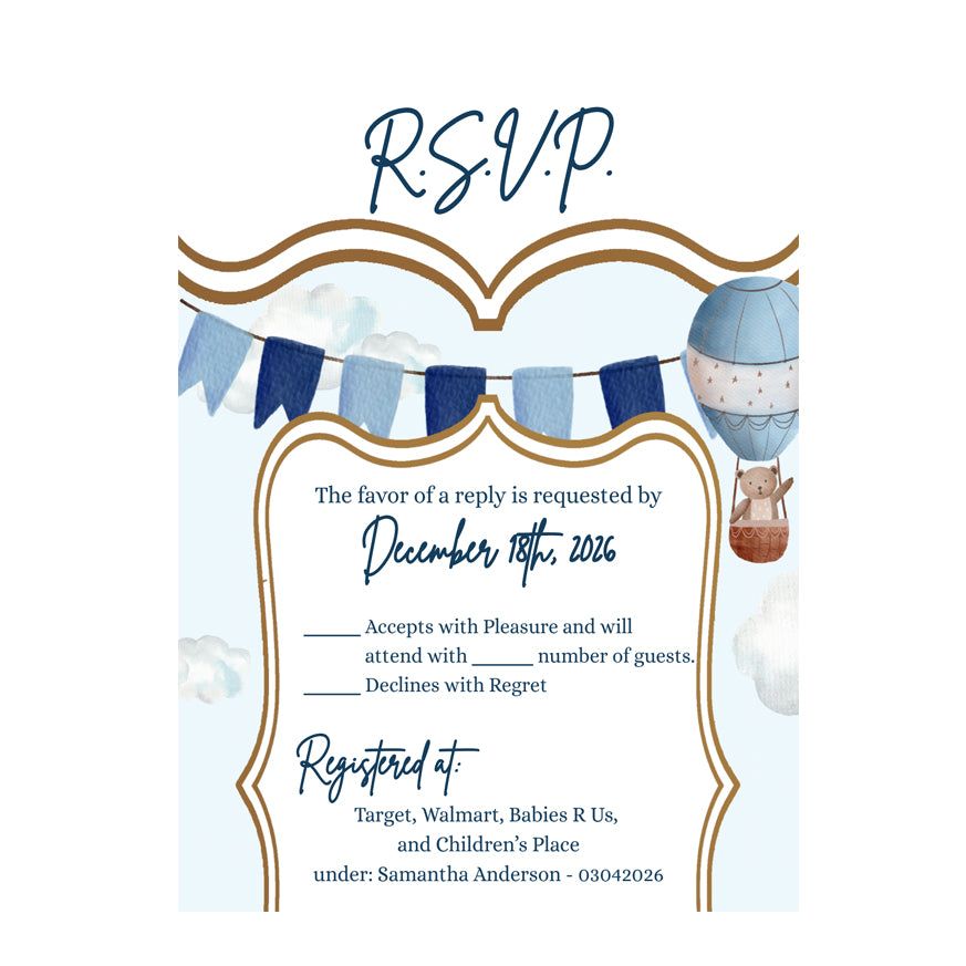 3.5x5 Vertical PRINTED Wedding R.S.V.P. Card - Baby Boy Banner Hot Air Balloon