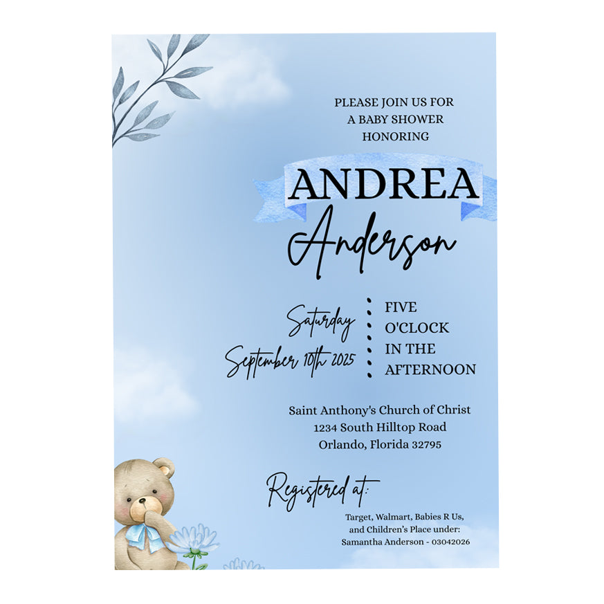 5x7 PRINTED Baby Shower Invitation - Blue Baby Boy Bear Daisy Foliage