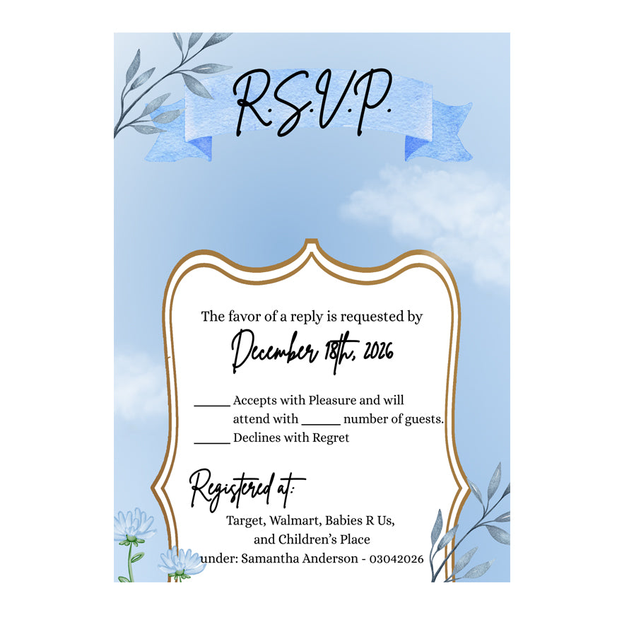 3.5x5 Vertical PRINTED Wedding R.S.V.P. Card - Baby Boy Daisy Foliage