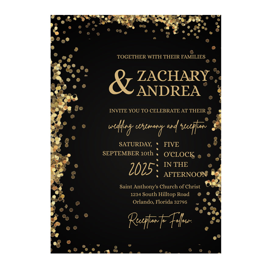 5x7 PRINTED Wedding Invitation - Golden Glitter 001