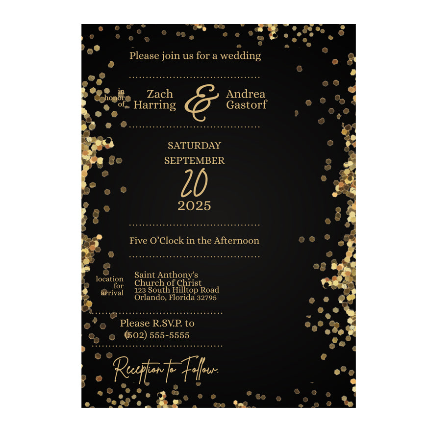 5x7 PRINTED Wedding Invitation - Golden Glitter 002