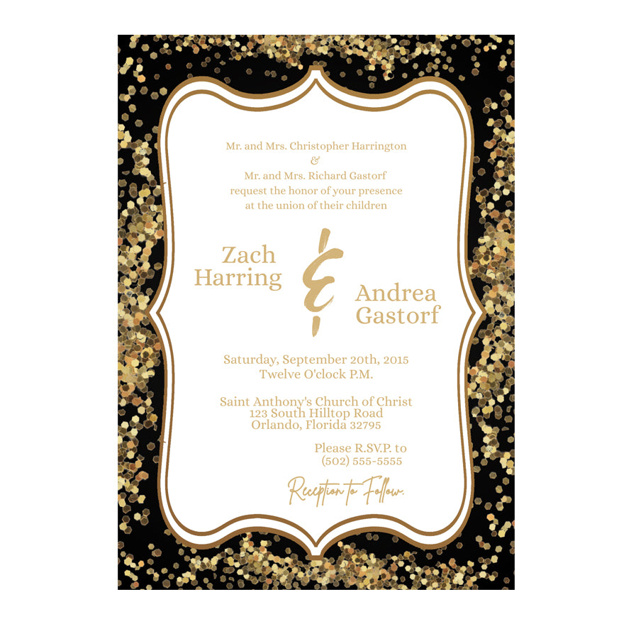 5x7 PRINTED Wedding Invitation - Golden Glitter 003