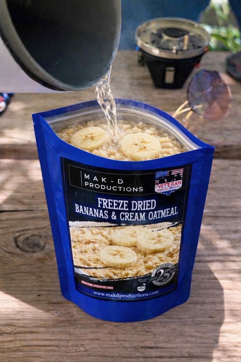 MAK D Productions Bananas & Cream Oatmeal Freeze Dried Meal Camping Hunting Preppers Kayaking Backpacking Hiking Breakfast Easy Bag Food