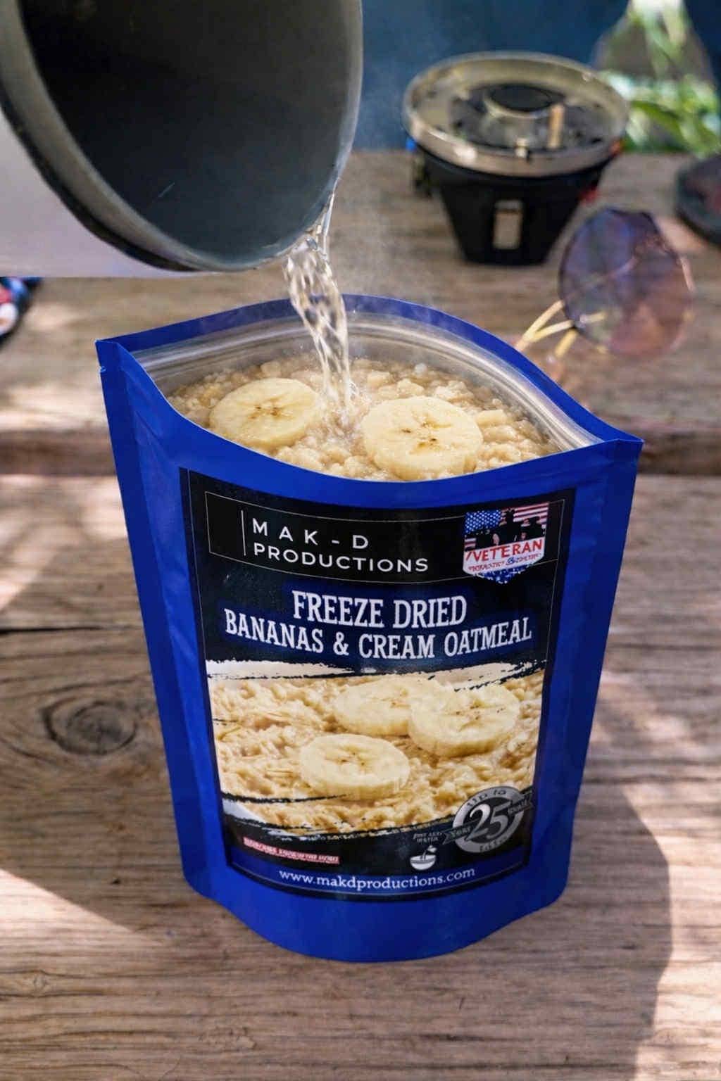 MAK D Productions Bananas & Cream Oatmeal Freeze Dried Meal Camping Hunting Preppers Kayaking Backpacking Hiking Breakfast Easy Bag Food