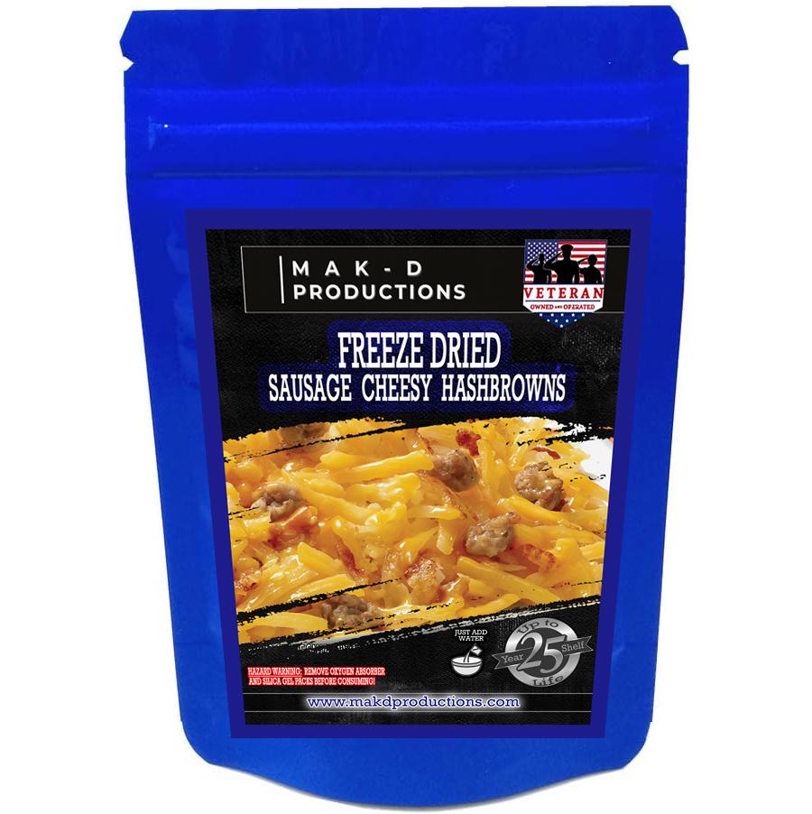 MAK D Productions Pork  Sausage Cheesy Hashbrowns Freeze Dried Meal Camping Hunting Preppers Kayaking Backpacking Hiking Breakfast Bag Food