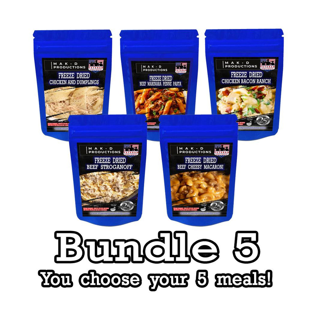 MAK D Productions 5 Pack Meal Deal for 12.75 each (63.75) Freeze Dried Meals - You Choose Your Meals - Camping Hunting Preppers Backpacking