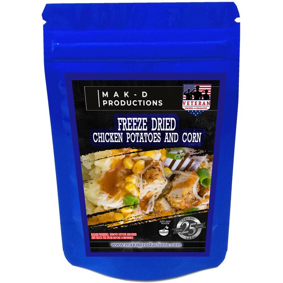 MAK D Productions Chicken and Corn In Mashed Potatoes Freeze Dried Meal Camping Hunting Preppers Backpacking Hiking Kayaking Easy Bag Meal