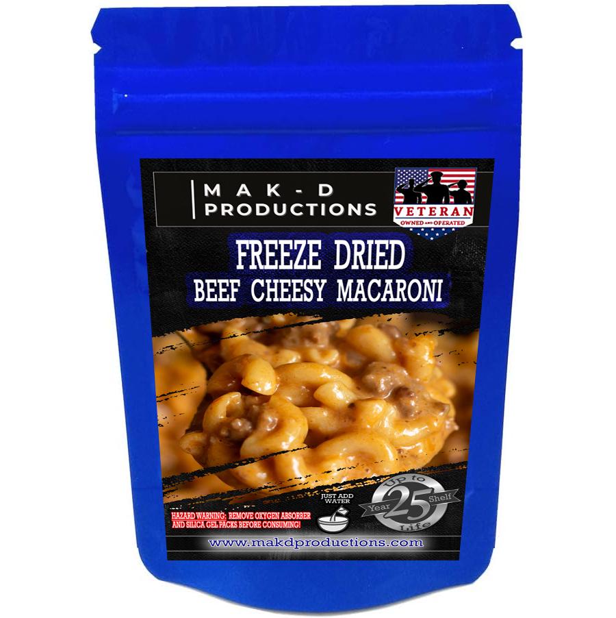 MAK D Productions Beefy Cheesy Macaroni Freeze Dried Meal Camping Hunting Preppers Backpacking Hiking Kayaking Fishing Easy Bag Food