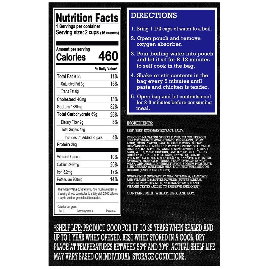 MAK D Productions Beefy Cheesy Macaroni Freeze Dried Meal Camping Hunting Preppers Backpacking Hiking Kayaking Fishing Easy Bag Food