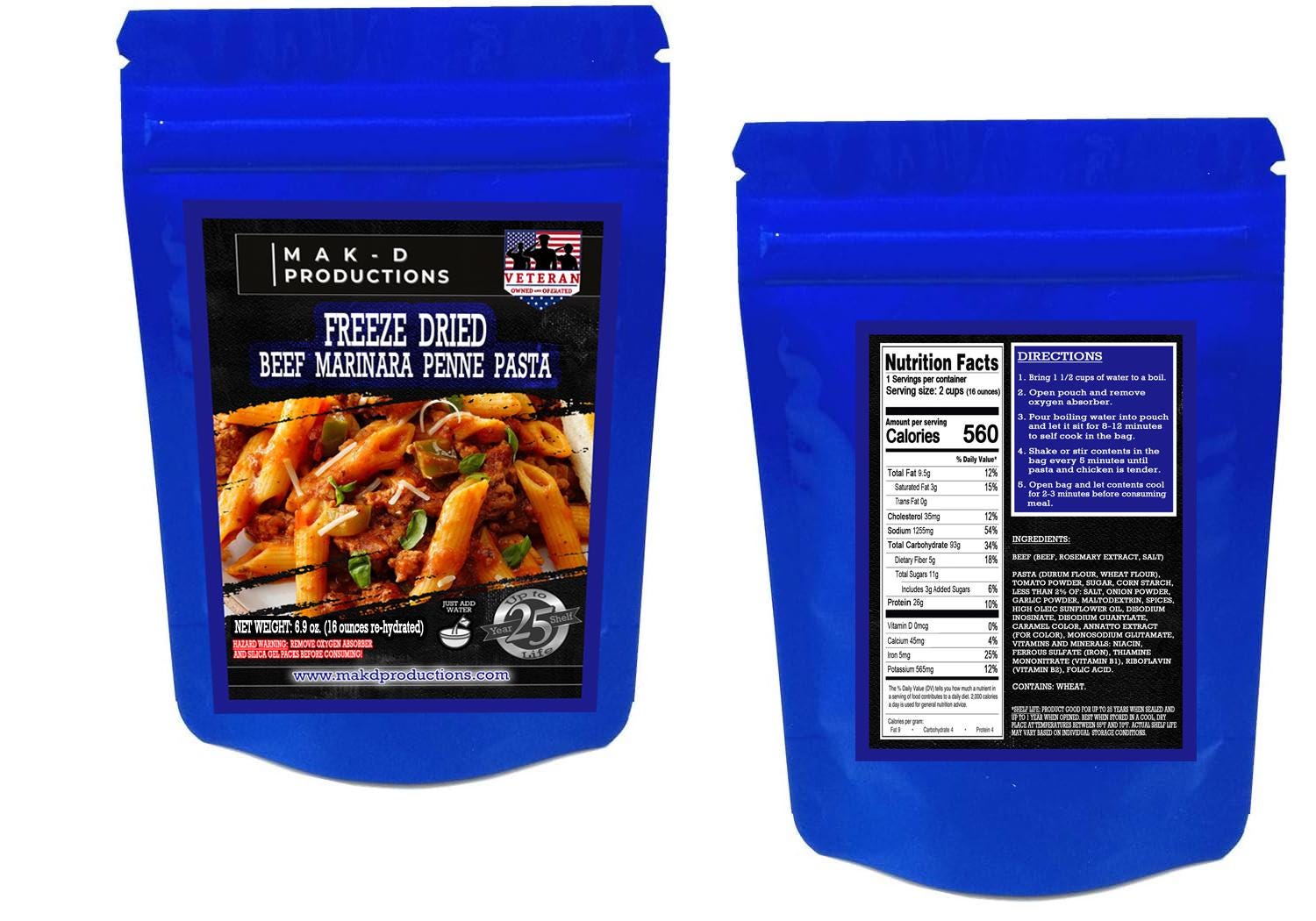 MAK D Productions Beef Marinara Penne Pasta Freeze Dried Meal Camping Hunting Preppers Backpacking Hiking Kayaking Fishing Easy Bag Meal