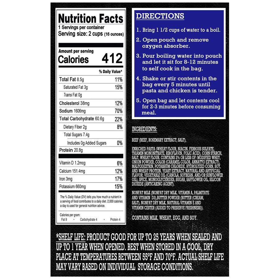 MAK D Productions Beef Pasta Freeze Dried Meal Camping Hunting Preppers Backpacking Hiking Kayaking Fishing  Emergency Prep Easy Bag Food