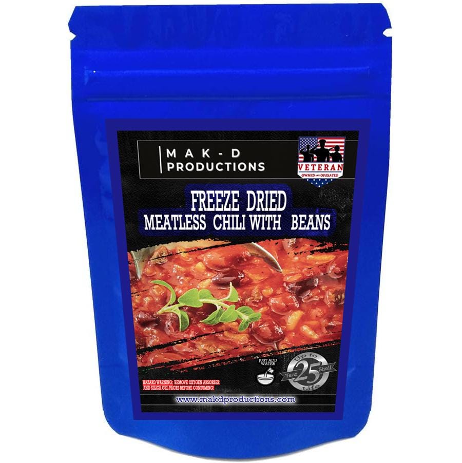 MAK D Productions Meatless Chili With Beans Freeze Dried Meal Camping Hunting Preppers Backpacking Hiking Kayaking Fishing Easy Bag Food