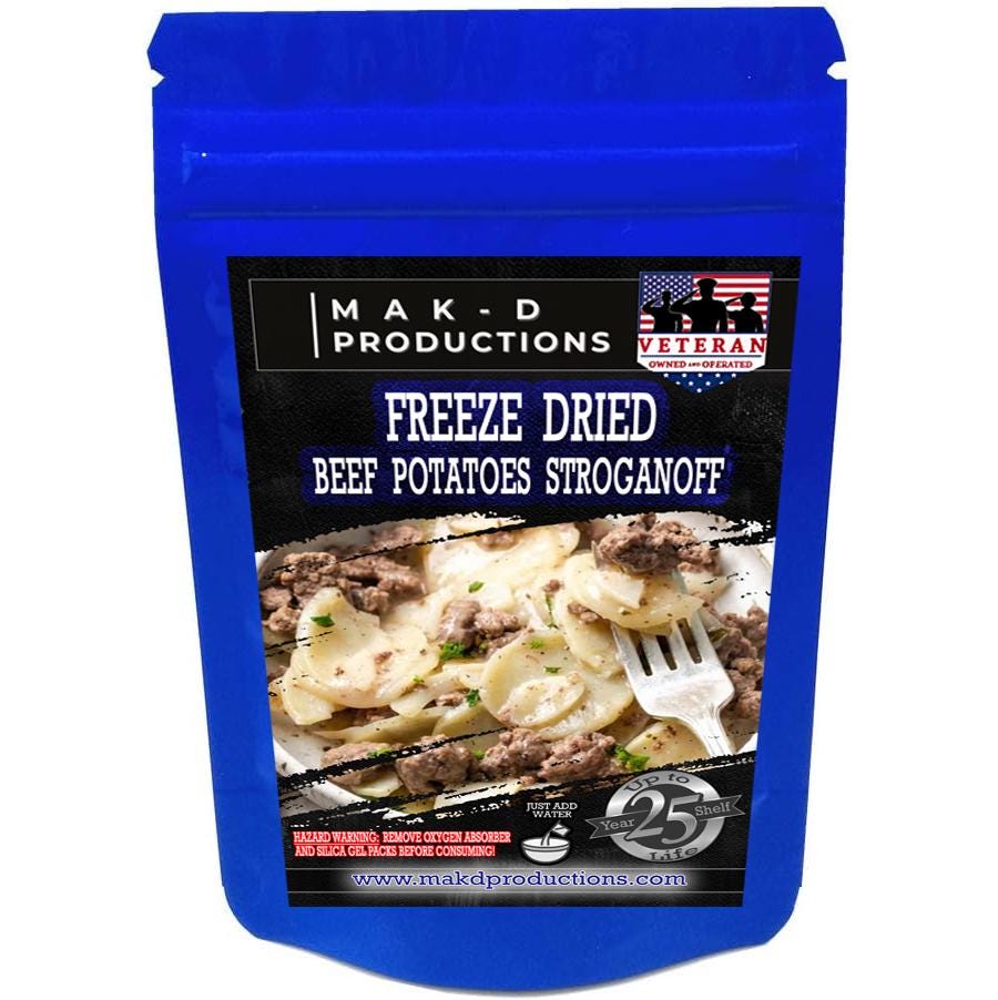 MAK D Productions Beef Pasta Potatoes Stroganoff Freeze Dried Meal Camping Hunting Prepper Backpacking Hiking Kayaking Fishing Easy Bag Food