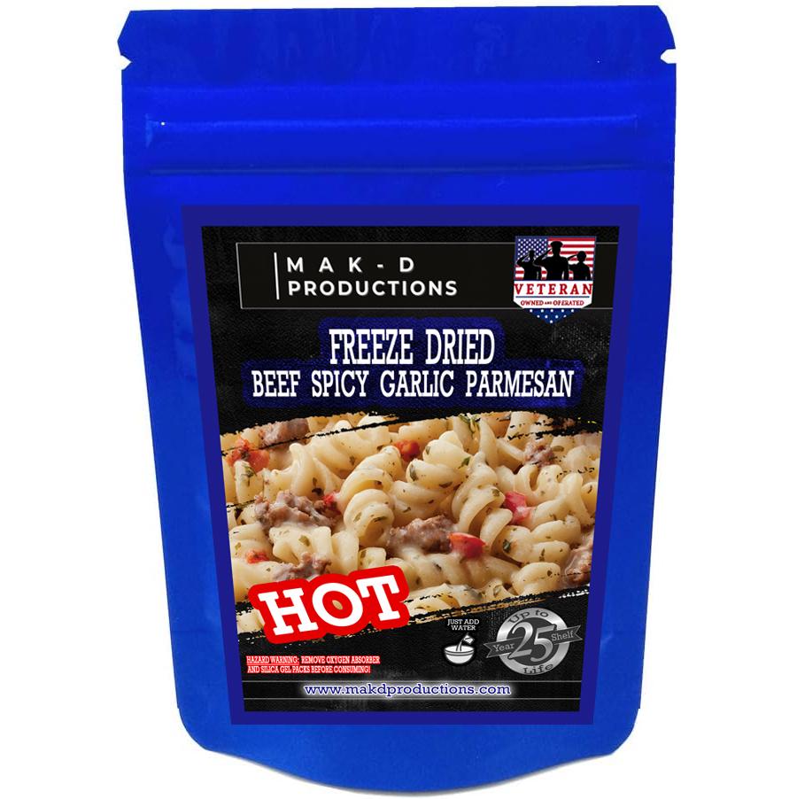 MAK D Productions Beef Spicy Garlic Parmesan Pasta Freeze Dried Meal Camping Hunting Preppers Backpacking Hiking Kayaking Easy Bag Food Prep