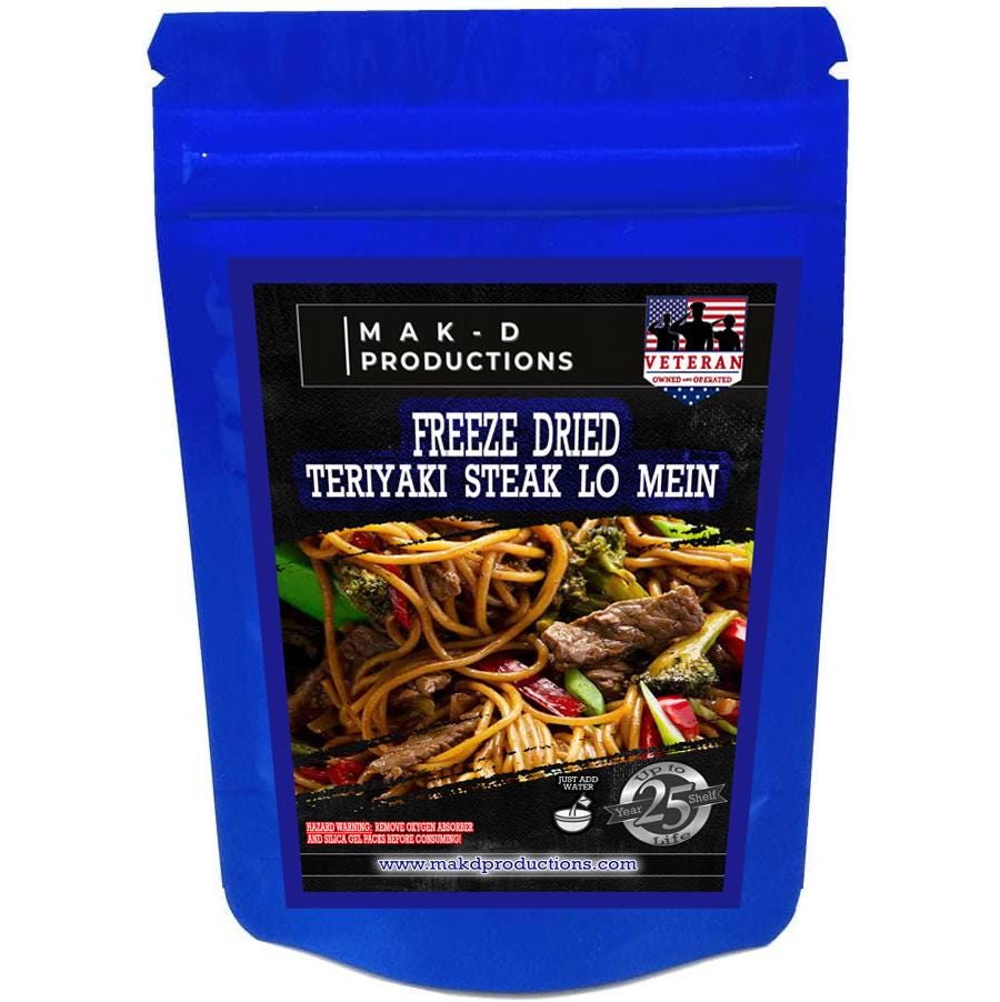 MAK D Productions Beef STEAK Pasta Teriyaki Steak Lo Mein Freeze Dried Meal Camping Hunting Prep Backpacking Hiking Kayaking Easy Bag Food