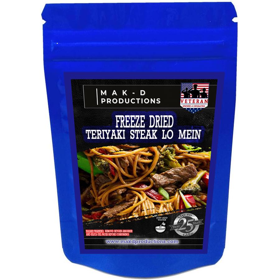 MAK D Productions Beef STEAK Pasta Teriyaki Steak Lo Mein Freeze Dried Meal Camping Hunting Prep Backpacking Hiking Kayaking Easy Bag Food
