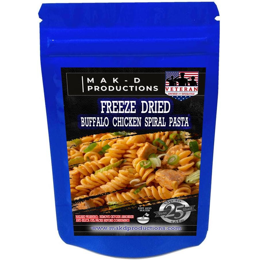 MAK D Productions Buffalo Chicken Spiral Pasta Freeze Dried Meal Camping Hunting Preppers Backpacking Hiking Kayaking Fishing Easy Bag Food