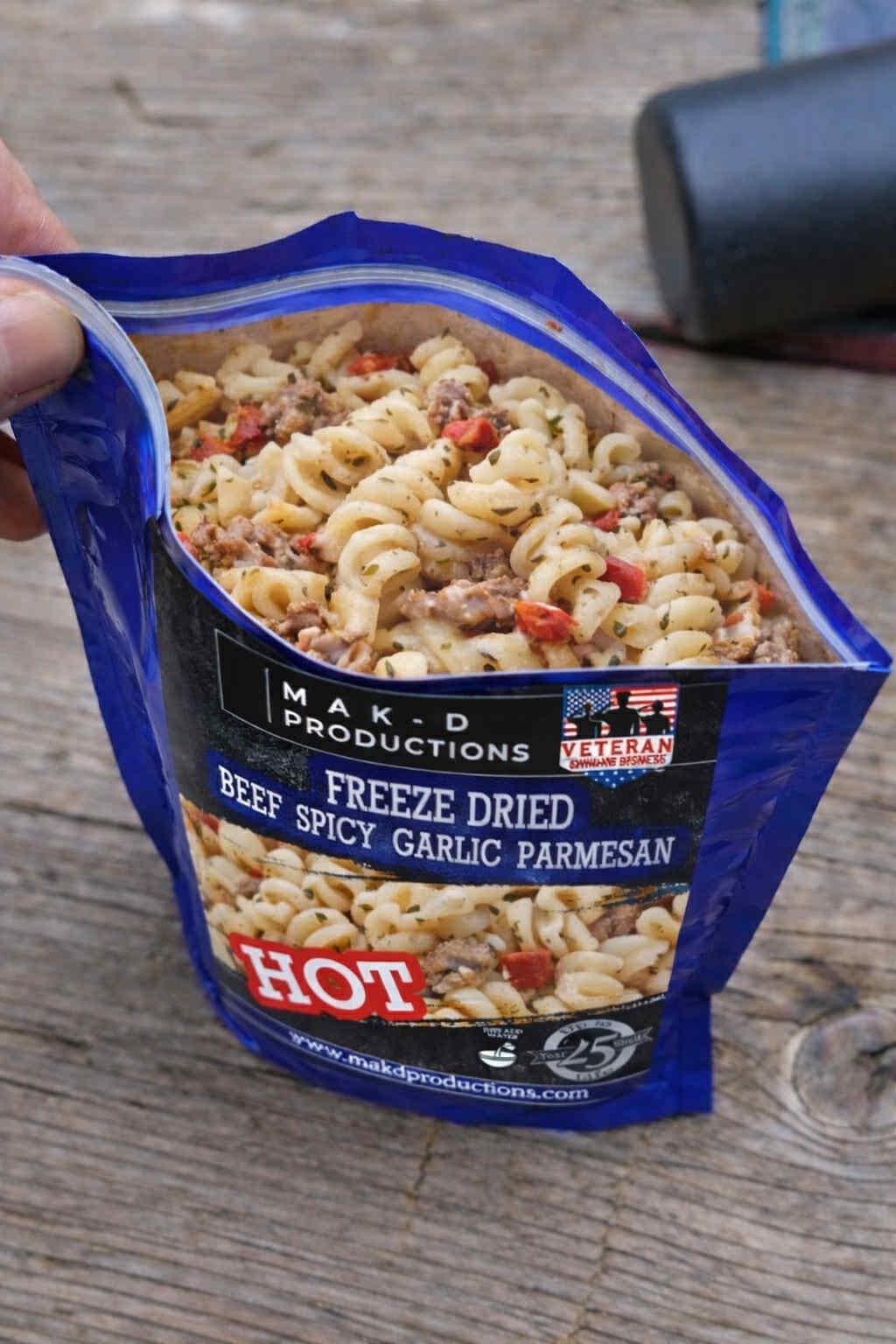 MAK D Productions Beef Spicy Garlic Parmesan Pasta Freeze Dried Meal Camping Hunting Preppers Backpacking Hiking Kayaking Easy Bag Food Prep