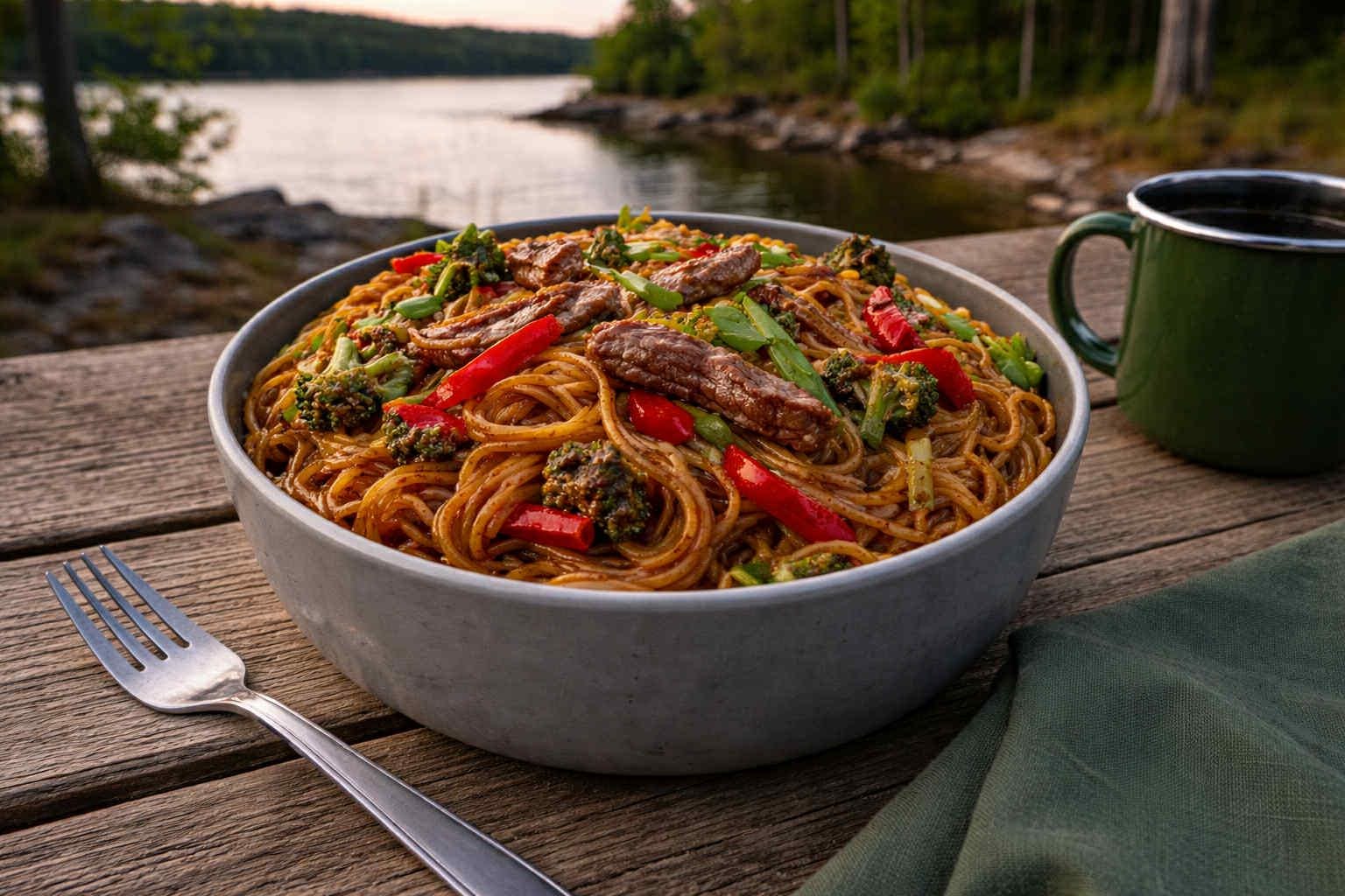 MAK D Productions Beef STEAK Pasta Teriyaki Steak Lo Mein Freeze Dried Meal Camping Hunting Prep Backpacking Hiking Kayaking Easy Bag Food